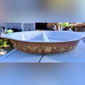 Vintage Pyrex Early American Eagle Brown & Gold Divided Casserole Dish No Lid